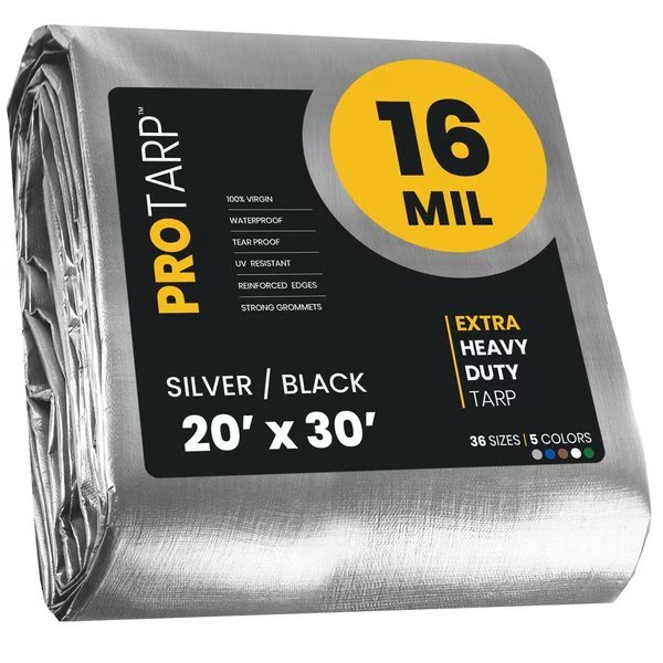 20 ft x 30 ft Heavy Duty 16 Mil Tarp, Silver/Black, Polyethylene, Waterproof, Rip and Tear Proof, Protarp, Mfr#: PT-101-20X30